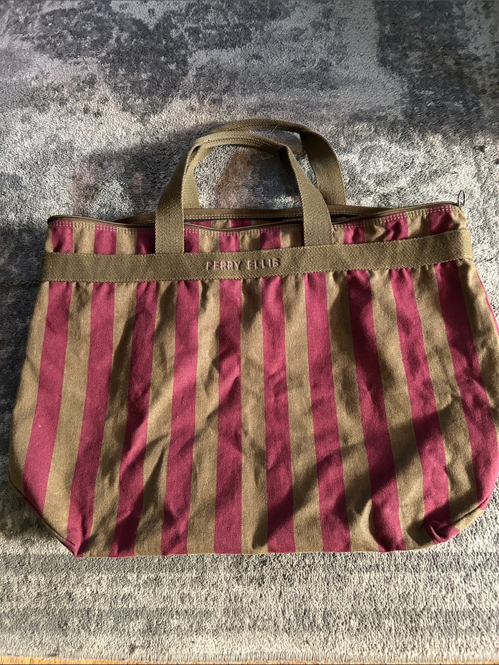 Perry Ellis Large Striped Canvas Tote in Burgundy and Olive Zip Top